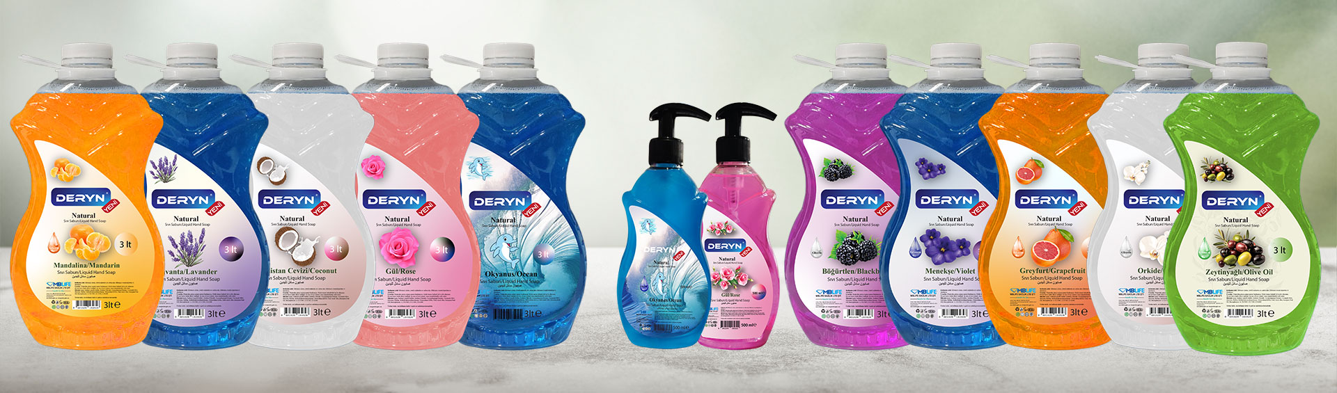 Deryn Sıvı Sabun Çeşitleri - Böğürtlen, Gül, Greyfurt, Hindistan Cevizi, Lavanta, Mandalina, Menekşe, Okyanus, Orkide ve Zeytinyağlı Sıvı Sabunlar - Yükek Kalite